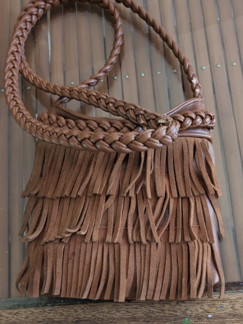 Braided Strap Suede Fringe Crossbody Bag - Brown